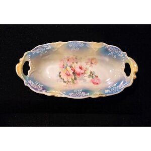 Antique Hand-Painted Germany Porcelain Candy Dish With Floral Design & Scalloped